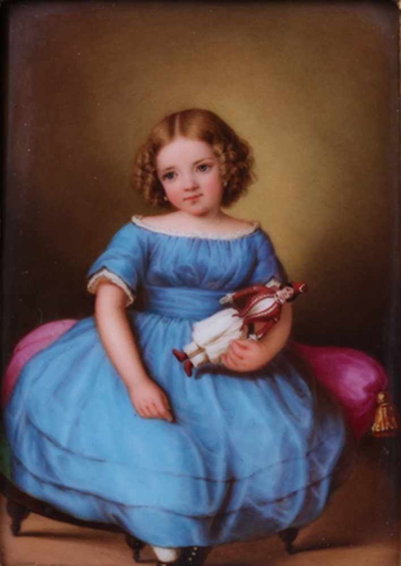 Hoffmann, E. Girl with a doll. Porcelain painting. 1853. 10,7x7,5 cm.Framed. Artist's sign and