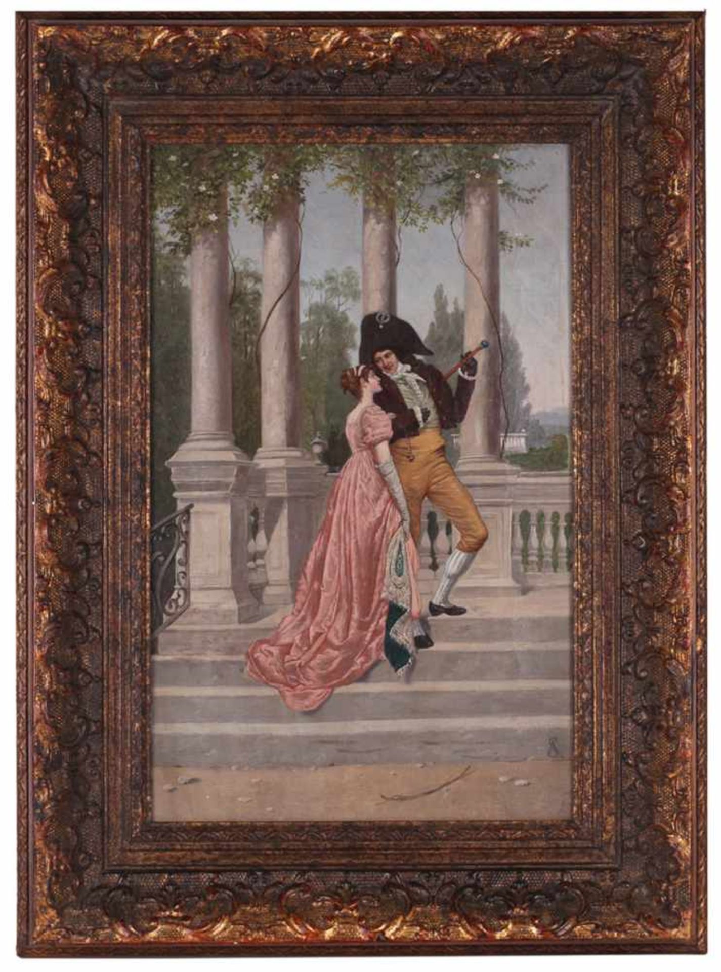 Unknown artist, [Monogram SA/AS]. Rococo couple at the castle entrance. [XIX-XX century]. Oil on - Bild 2 aus 3