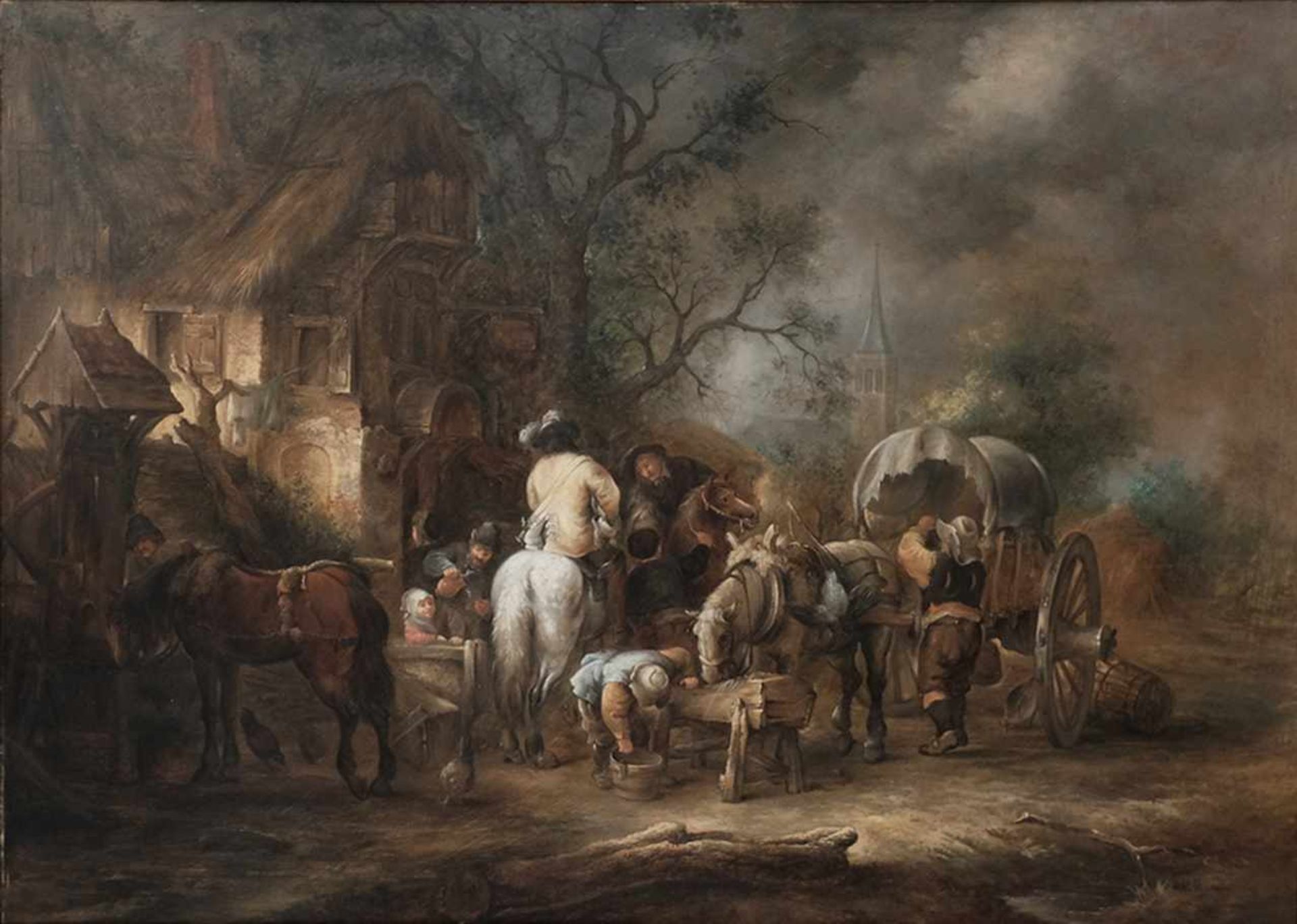 Unknown artist in the manner of Philips Wouwerman. Resting in front of an inn. Copper painting. [XIX