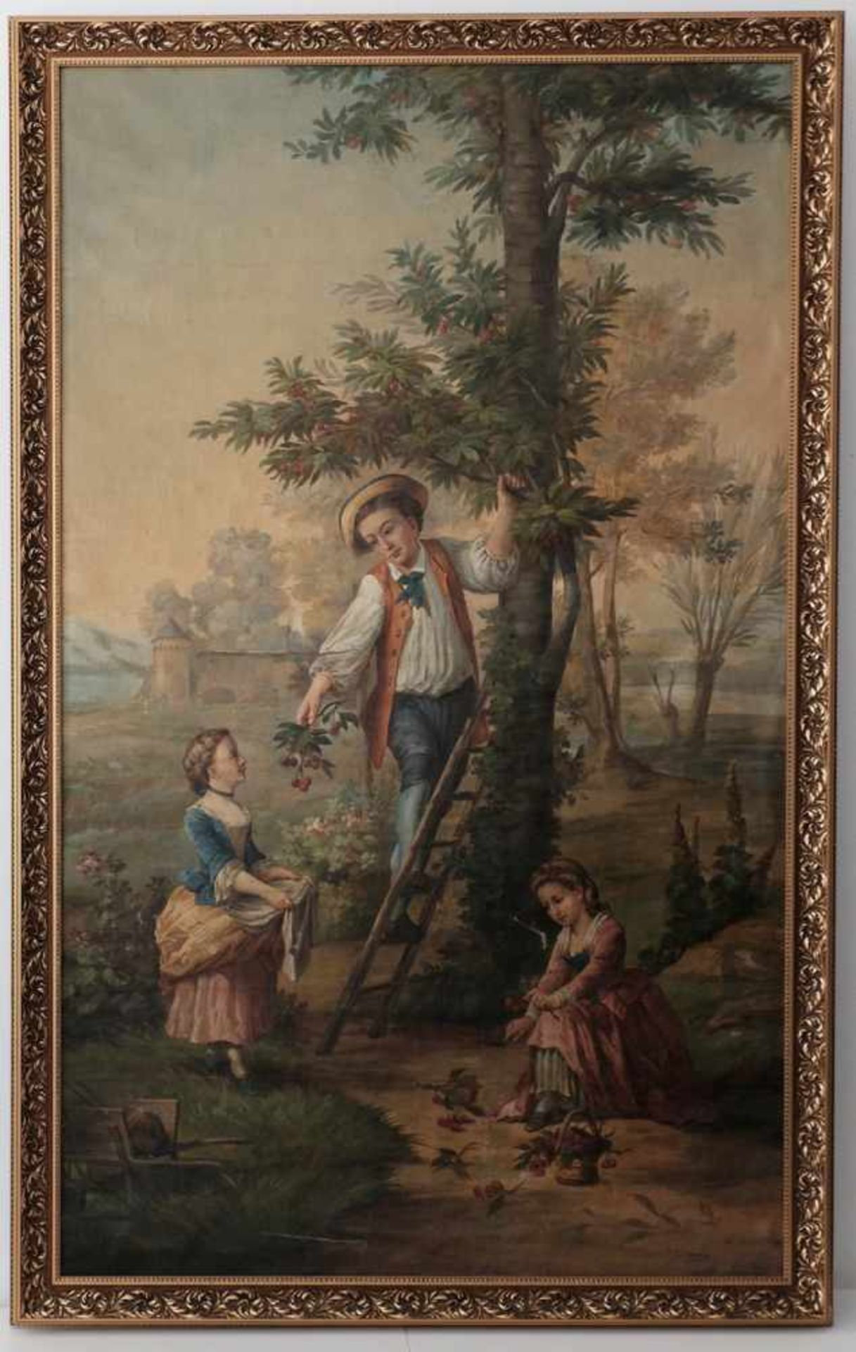 Unknown artist. Cherry harvest. [XIX century]. Oil on canvas. 137x224 cm.Framed.- - -15.00 % buyer's - Bild 2 aus 2