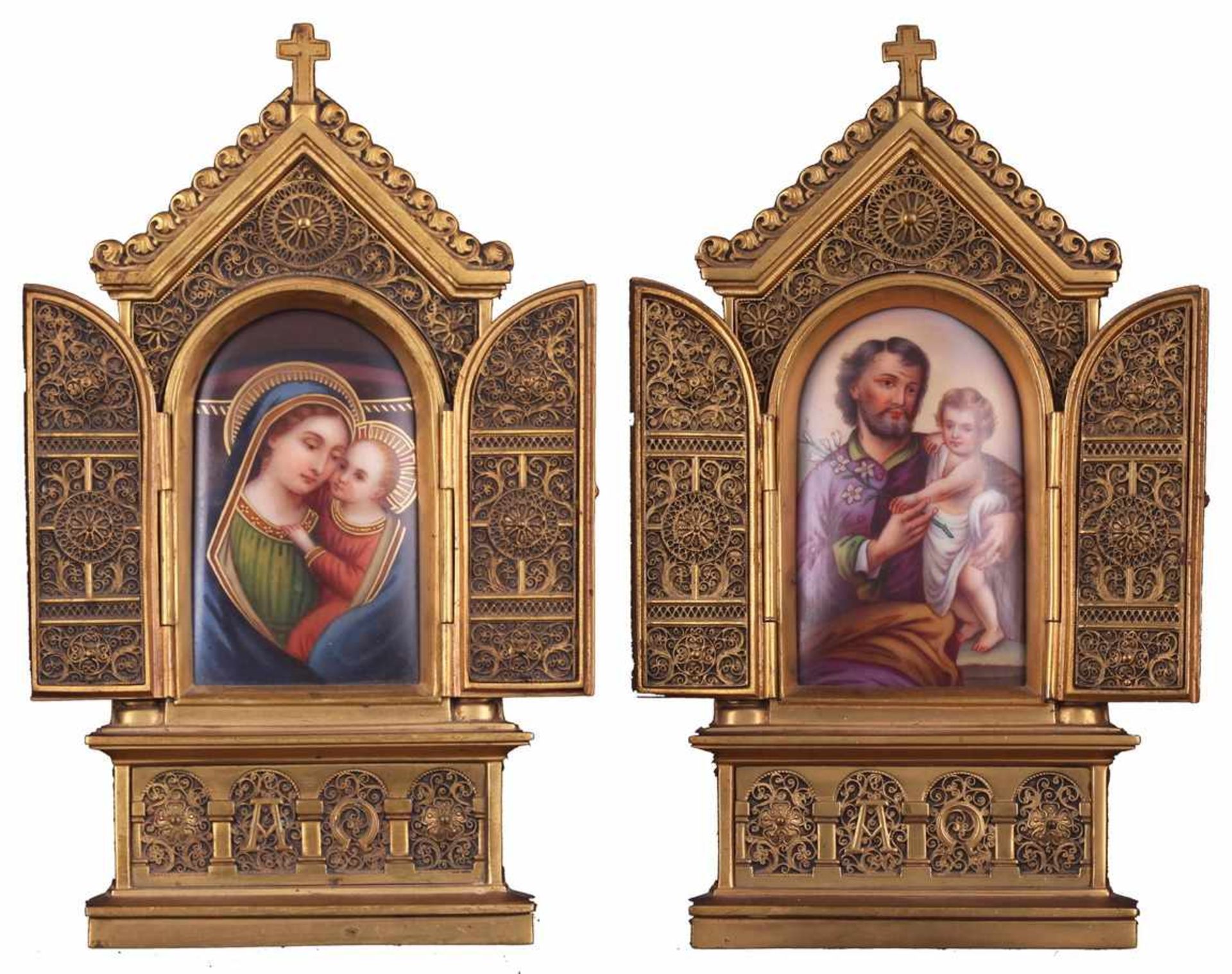 Pair of table altars. Porcelain painting. [XIX century].Copper frames. 22x10,5 cm.- - -15.00 %