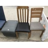 A LEATHER FOOTSTOOL AND TWO OAK CHAIRS