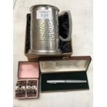 THREE ITEMS - PEWTER TANKARD, EPNS CONDIMENT SET AND A BOXED PEN