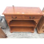 AN INLAID YEW WOOD HALL CABINET WITH TWO DRAWERS AND LOWER SHELVING