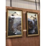 A PAIR OF GILT FRAMED OILS ON CANVAS' OF ORIENTAL LANDSCAPES, (ONE WITHOUT GLASS)