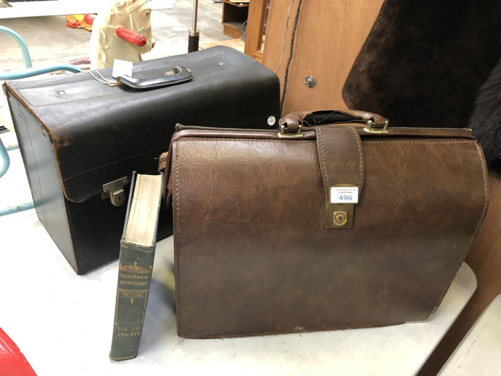 TWO VINTAGE SUITCASES AND CHILDREN'S DICTIONARY (3)