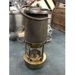 A VINTAGE BRASS 'THE WOLF' SAFETY MINERS LAMP