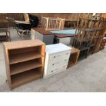 FIVE ITEMS - A BOOKCASE, CHEST OF THREE DRAWERS, TABLE AND TWO BAMBOO SHELVING UNITS