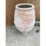 A LARGE TERRACOTTA URN 83CM HIGH (A/F AT BASE)