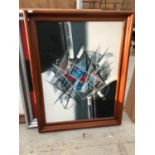 A LARGE FRAMED ABSTRACT CANVAS 139 CM X 110 CM