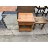 THREE ITEMS - A MIRRORED BATHROOM CABINET, A PINE BEDSIDE CABINET AND A SMALL PINE SIDE TABLE