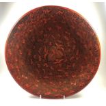 A LARGE FANTASTIC QUALITY 19TH CENTURY CHINESE CINNABAR CHARGER WITH CARVED BAT RELIEF DESIGN AND