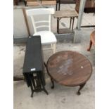 THREE ITEMS - A SMALL DROP LEAF TABLE, MAHOGANY OCCASIONAL TABLE AND WHITE PAINTED CHAIR