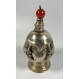 A CHINESE WHITE METAL FOUR FACED BUDDHA DECORATIVE SNUFF BOTTLE, HEIGHT 11CM