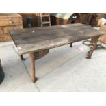A VINTAGE WOODEN TOP TABLE ON INDUSTRIAL SUPPORTS 184CM X 81CM