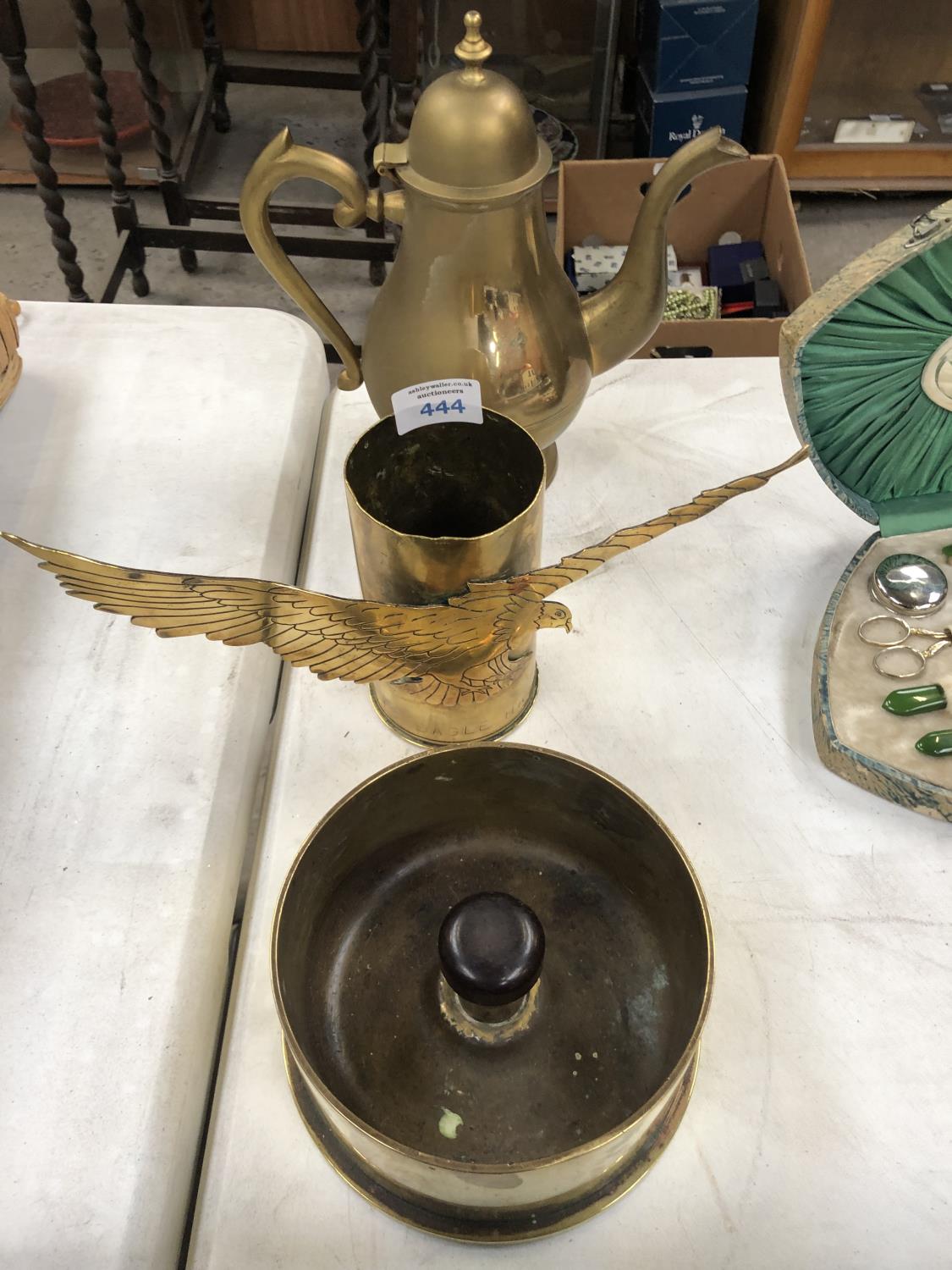 THREE BRASS ITEMS TO INCLUDE A TRENCH ART BOWL WITH WOODEN HANDLE, DATED 1950 (3)