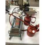 TWO VINTAGE METAL OIL CANS, ONE 'WESCO' AND A GOLDEN TORNADO FOOT PUMP (3)