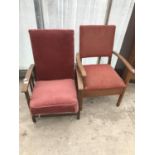 AN OAK COMMODE AND A RECLINING OAK ARMCHAIR