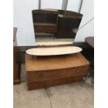 A RETRO TEAK DRESSING TABLE WITH TWO DRAWERS AND UNFRAMED MIRROR