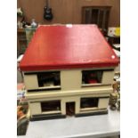 A VINTAGE WOODEN DOLLS HOUSE WITH VARIOUS FITTINGS ETC