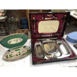A 'CAVALIER' CASED STAINLESS STEEL SERVING SET AND A LADIES DRESSING TABLE JADE STYLE MANICURE