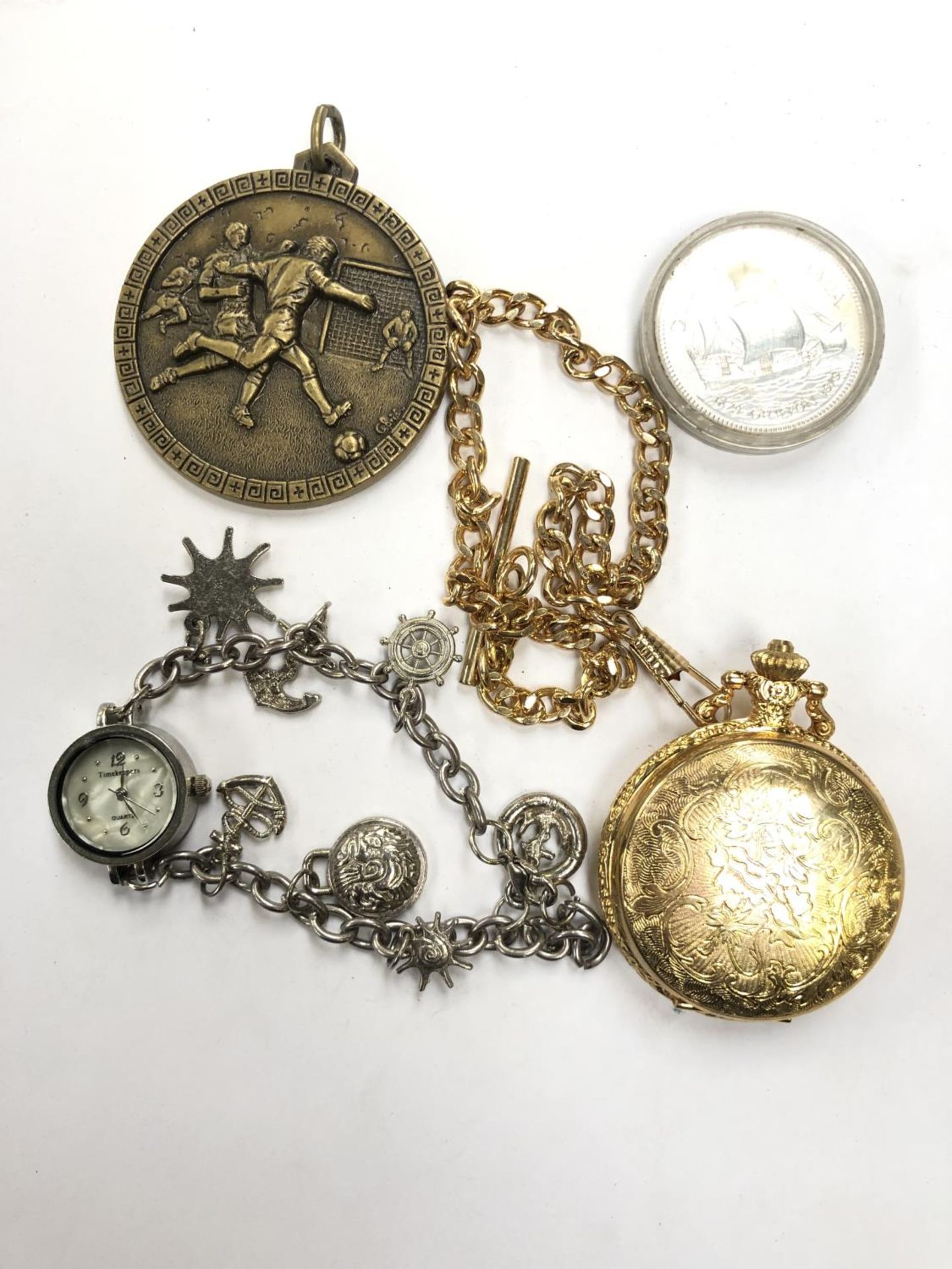 A MODERN QUARTZ POCKET WATCH AND CHAIN, BRACELET, MEDAL AND CANADIAN DOLLAR COIN (4)