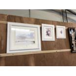 A GROUP OF THREE FRAMED PICTURES, TWO FLORAL PRINTS AND A WATERCOLOUR LANDSCAPE (3)
