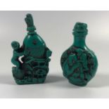 TWO CARVED CHINESE TURQUOISE SNUFF BOTTLES, HEIGHT OF LARGEST 9CM