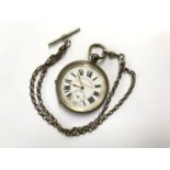 A LARGE 'SUPERIOR RAILWAY TIMEKEEPER' POCKET WATCH WITH BASE METAL ALBERT CHAIN