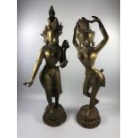 A PAIR OF POSSIBLY 19TH CENTURY ORIENTAL BRASS NUDE LADIES, HEIGHT OF LARGEST 45CM