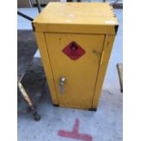 A YELLOW METAL CABINET WITH LOCK 36CM X 30CM X 71CM HIGH (KEY IN OFFICE)