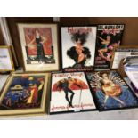 SIX ART DECO STYLE FRAMED PICTURES - THREE 'FOLIES BERGERE' AND A 'MOULIN ROUGE' ETC