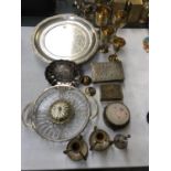 A MIXED GROUP OF ITEMS TO INCLUDE SILVER PLATED SALVER, GOBLETS ETC