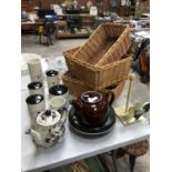 A TREACLE GLAZE TEAPOT, WICKER BASKETS, STORAGE JARS ETC