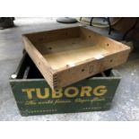 A VINTAGE WOODEN 'TUBORG' BEER CRATE AND FURTHER CRATE (2)