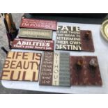 SIX ASSORTED WOODEN SIGNS TOGETHER WITH THREE DECORATIVE DOOR HANDLES (7)