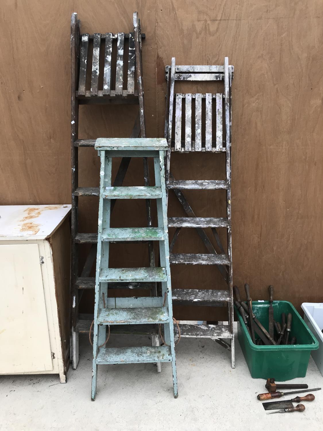 THREE SETS OF VINTAGE WOODEN STEP LADDERS ALL FIVE RUNG