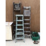 THREE SETS OF VINTAGE WOODEN STEP LADDERS ALL FIVE RUNG