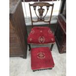 A MAHOGANY BEDROOM CHAIR WITH MOTHER OF PEARL INLAY AND MATCHING FOOTSTOOL