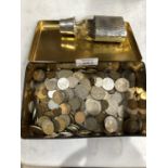 A TIN OF ASSORTED FOREIGN COINS AND A HIP FLASK