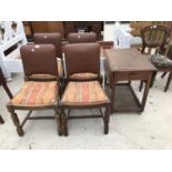 FOUR OAK DINING CHAIRS WITH LEATHERETTE BACKS AND AN OAK DROP LEAF TEA TROLLEY