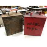 TWO VINTAGE METAL PETROL CANS WITH 'ESSO' AND 'BENZOLE' CAPS