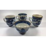 FOUR PIECES OF 19TH CENTURY CHINESE BLUE AND WHITE CERAMICS - THREE CUPS AND A TEA BOWL, ALL