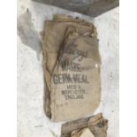 TEN VINTAGE HESSIAN SACKS BEARING NAMES FOR EXAMPLE KELLOGGS, RANK, RHM ETC