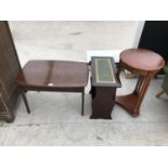 A MAHOGANY SIDE TABLE, MAGAZINE RACK TABLE AND CIRCULAR SIDE TABLE WITH ONE DRAWER