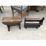 A SMALL SWIVEL TOP DROP LEAF OAK SIDE TABLE AND A PINE MAGAZINE RACK