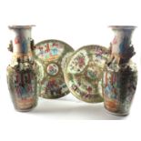 FOUR PIECES OF CHINESE CANTON FAMILLE ROSE TO INCLUDE A PAIR OF DRAGON HANDLED VASES AND TWO