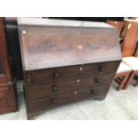 A LARGE INLAID MAHOGANY BUREAU ON BRACKET FEET WITH FALL FRONT AND THREE DRAWERS HAVING BONE