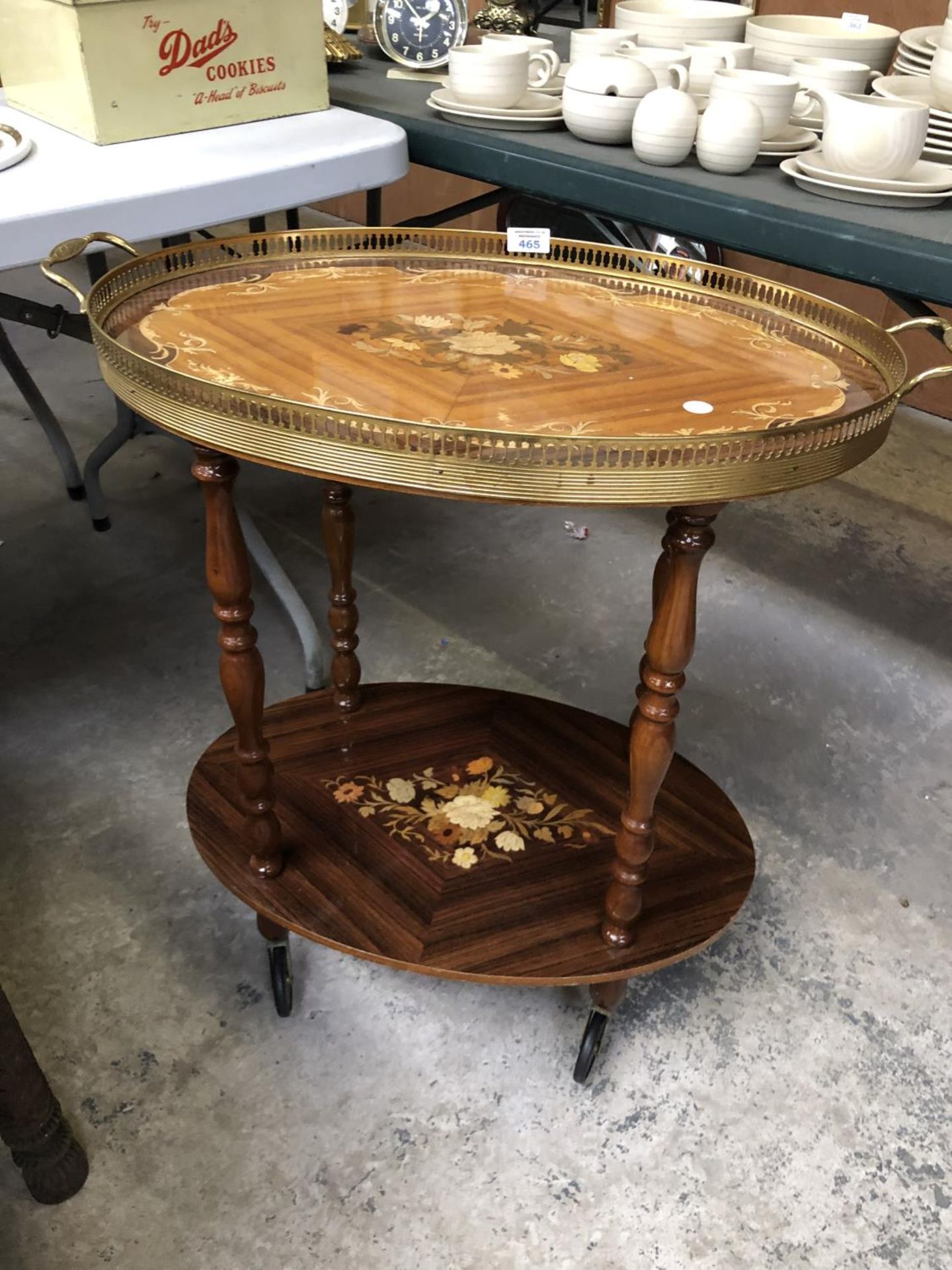 AN ITALIAN STYLE INLAID DRINKS TROLLEY WITH LIFT OFF TRAY