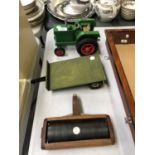 A WOODEN MODEL OF A TRACTOR WITH TRAILER AND ROLLER(3)